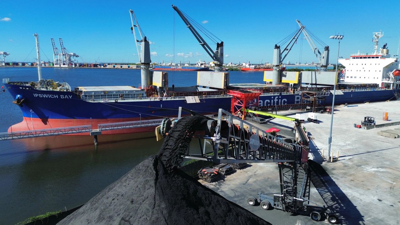 A bulk carrier alongside a quay, with cranes and a conveyor handling dry bulk cargo.